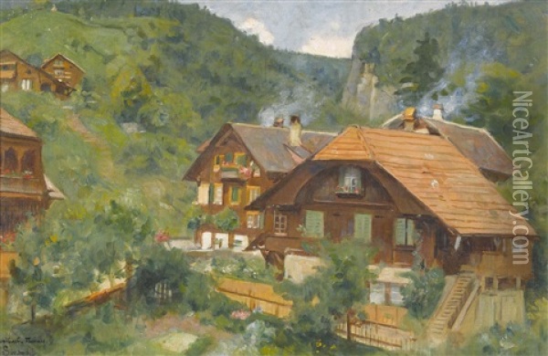 Bauernhauser Von Hunibach Bei Thun Oil Painting - Gustave Surand
