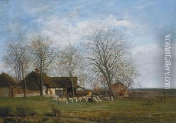 Landschap Met Hoeveen Schapen Oil Painting - Theodore Tscharner
