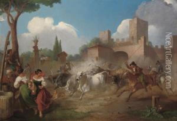 Buttari Driving Roman Oxen Through The Porta St Paolo Oil Painting - William Stuart Watson