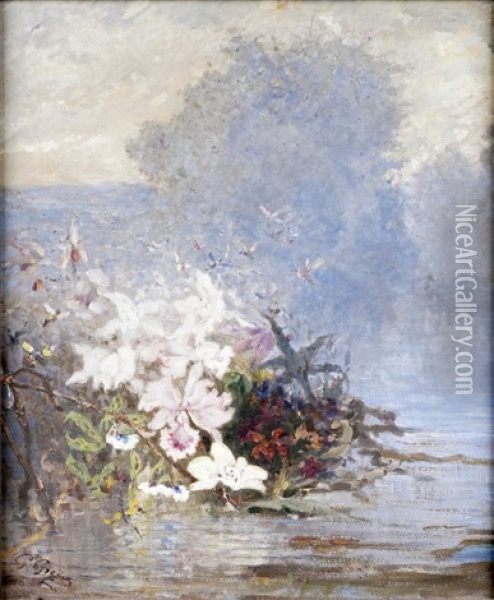 Fleurs Et Papillons Sur L'etang Oil Painting - Gustave Marie Greux