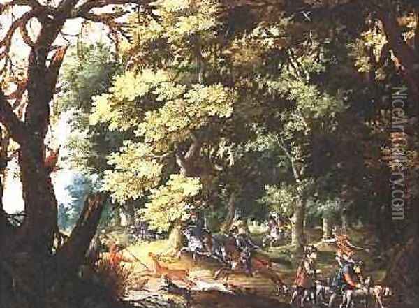 A Wooded Landscape with Hunters and Hounds Oil Painting - Isaak van Oosten