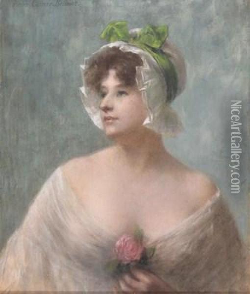 The Green-ribboned Bonnet Oil Painting - Pierre Carrier-Belleuse