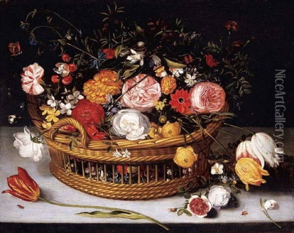 A Basket Of Tulips, Carnations, Roses And Other Flowers Resting On A Stone Ledge Oil Painting - Jan Brueghel the Elder