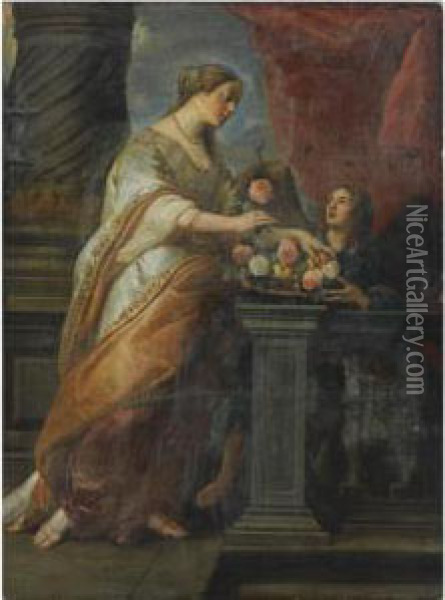 Saint Dorothea, Together With An Angel Oil Painting - Gaspar De Crayer