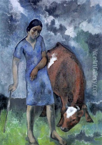 Madchen In Blauem Kleid Mit Kuh Oil Painting - Heinrich Nauen
