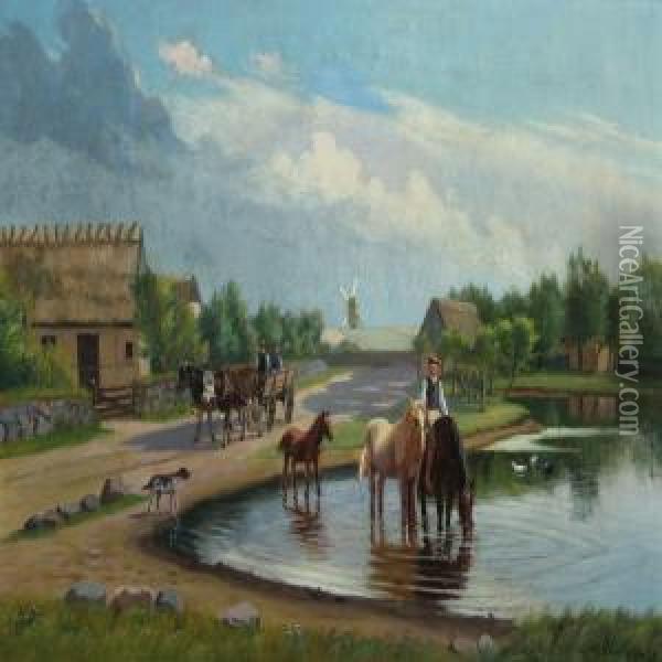 Villagescape With Ox-cart And Horses Oil Painting - Albert Rudinger