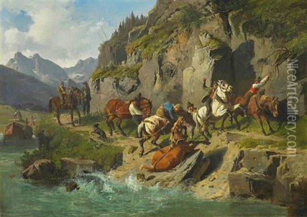 Schiffsknechte Mit Ihren Pferden Auf Dem Leinpfad Oil Painting - Ludwig Hartmann