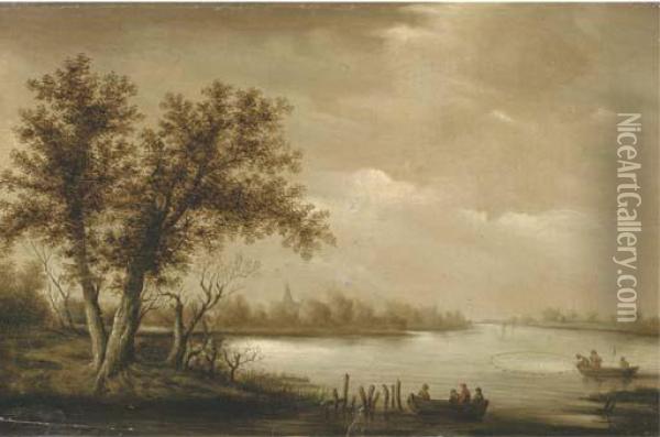A Wooded River Landscape With Fishermen Bringing In Theircatch Oil Painting - Salomon van Ruysdael
