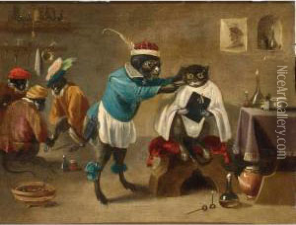 An Interior Of A Monkey 
Barbershop With A Monkey Trimming A Cat And Three Monkeys Sitting In The
 Background Oil Painting - Abraham Teniers