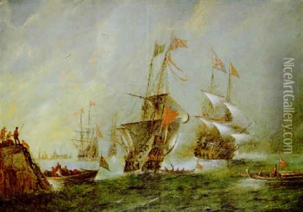 Dreimaster Und Ruderboote Vor Einer Felsigen Kuste Oil Painting - Andries Van Eertvelt