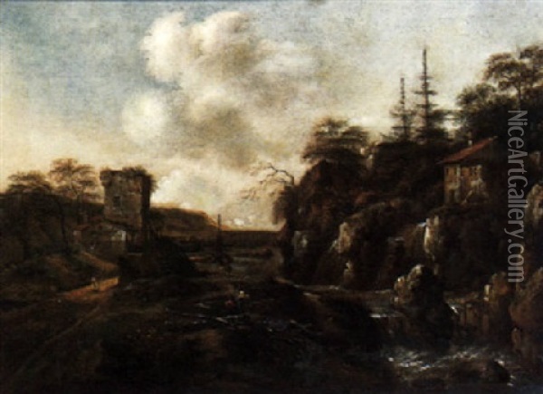 A Rocky River Landscape With Figures In The Foreground, A Ruined Tower Beyond Oil Painting - Allaert van Everdingen