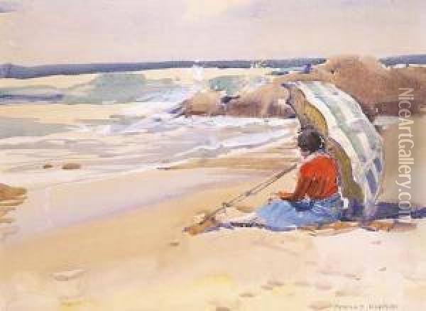 The Beach Umbrella Oil Painting - Harold Brocklebank Herbert