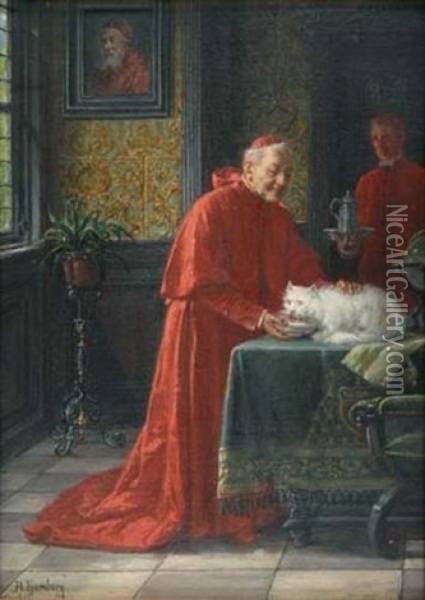 Cardinal Donnant Une Coupe De Lait A Son Chat, Munchen (+ Ange Dechu, Verso) Oil Painting - Adolf Humborg