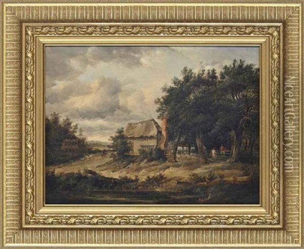 A Cottage By A Pond With Figures By A Gate Oil Painting - Patrick Nasmyth