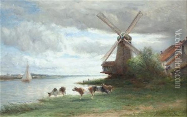 Cattle Watering Before A Windmill Oil Painting - Hendrik Dirk Kruseman van Elten