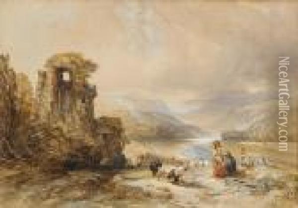 Travellers Resting By Ruins Oil Painting - Charles Bentley