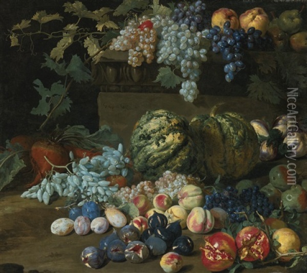 Pumpkins, Grapes, Peaches, Plums, Pomegranates, Pears, Figs, Apples, And Turnips By And On A Plinth Oil Painting - Hieronymus Galle the Elder