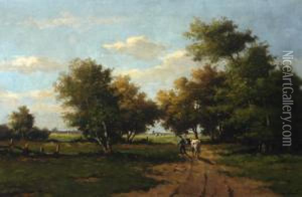 Farmer With Cow On A Country Road Oil Painting - Adriaan Marinus Geijp