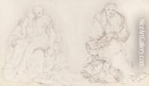 Two Figure Studies Of The Virgin With Saint Anne And A Seatedman Oil Painting - Sir Edward Coley Burne-Jones