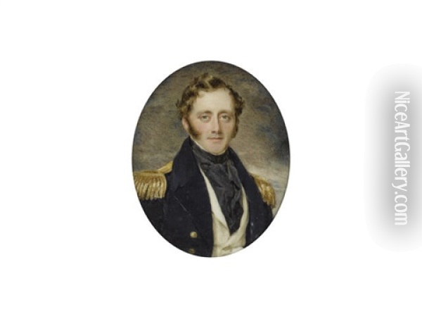 A Naval Officer, Wearing Blue Coat With Gold Epaulettes, White Waistcoat And Chemise, Black Stock And Cravat Oil Painting - Sir William Charles Ross