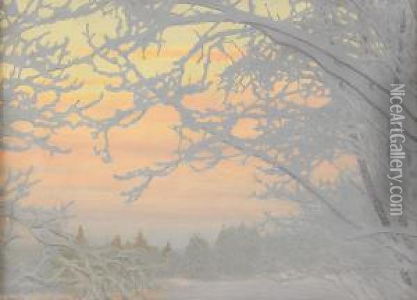 Kall Vinterafton - Frost Pa Traden Oil Painting - Gustaf Fjaestad