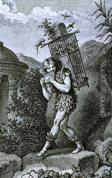 Papageno I am the birdcatcher, yes Always cheerful, fiddle-di-i, fiddle-di-da, Act I of The Magic Flute by Wolfgang Amadeus Mozart 1756-91, engraved by Friedrich Wilhelm Meyer Senior b.c.1770 Oil Painting - Johann Heinrich Ramberg