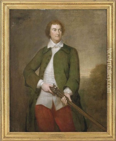 Portrait Of The Hon. John Spencer (1708-1746), Three-quarter-length, In A Green Coat Holding A Musket, In A Landscape Oil Painting - George Knapton