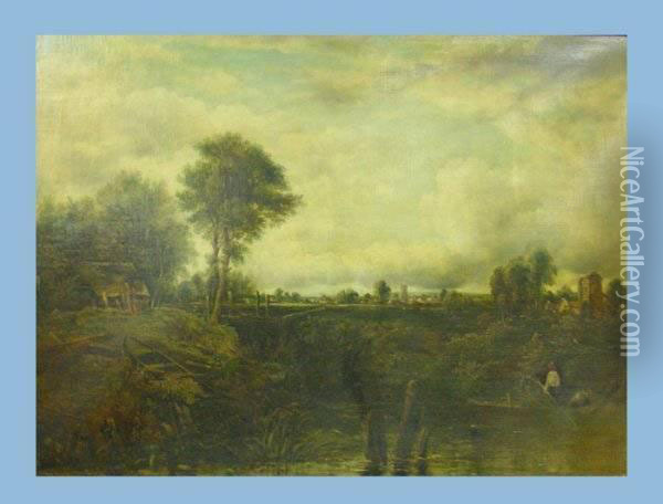 Flusslandschaft Mit Personenstaffage Im Vordergrund Und Stadtim Hintergrund Oil Painting - Frederick Waters Watts