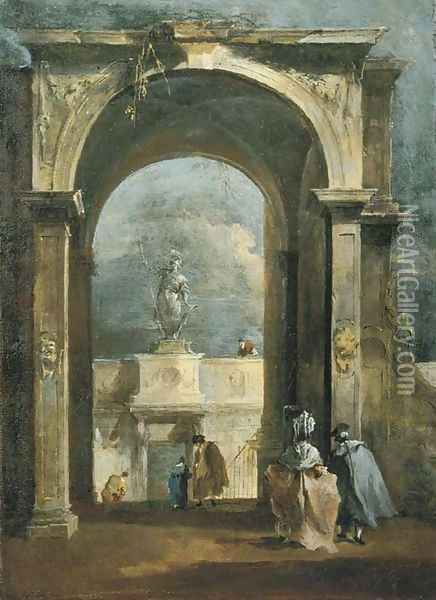 An architectural capriccio with elegant figures and a classical arch, a statue above a portico in the distance Oil Painting - Francesco Guardi