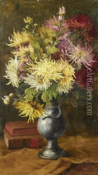 Still Life Of Flowers And Books Oil Painting - Edmond Van Coppenolle