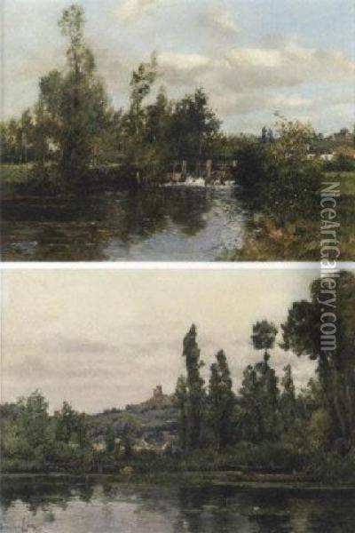 Les Peupliers De La Char; Un Barrage Sur La Riviere Oil Painting - Maurice Levis
