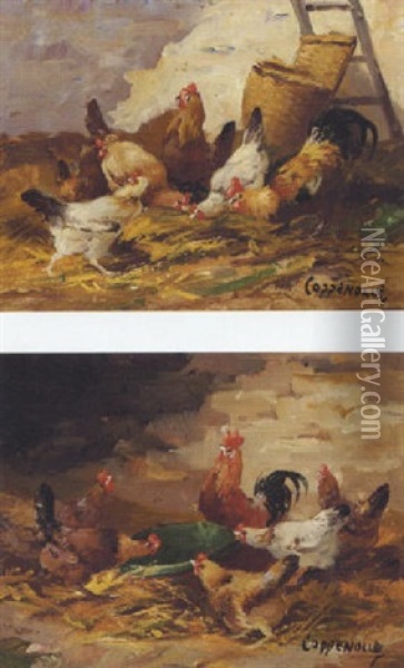 Et Par Malerier Med Spisende Hons Oil Painting - Jacques Van Coppenolle
