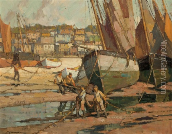 Low Tide St. Ives Harbor, Cornwall, England Oil Painting - Frederick J. Mulhaupt