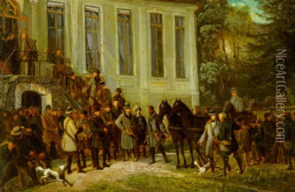 Jagtselskab Foran Hovedbygning Oil Painting - Friedrich Rudolf Albert Korneck