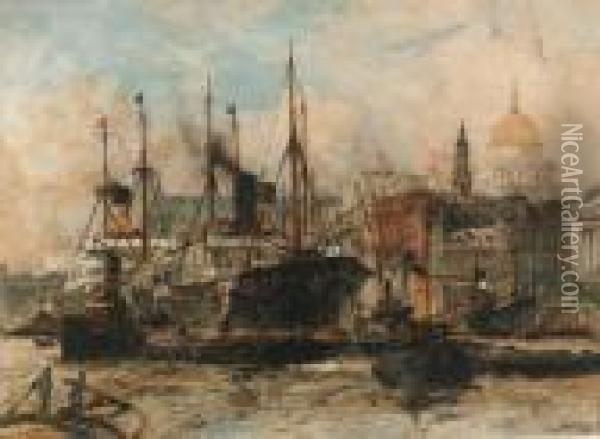The Pool Of London: Shipping Off Fresh Wharf And Billingsgate Oil Painting - Charles Edward Dixon