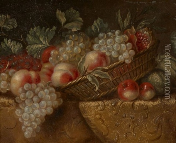 Panier De Peches, Raisins, Grenades Et Melons Oil Painting - Reynaud Levieux