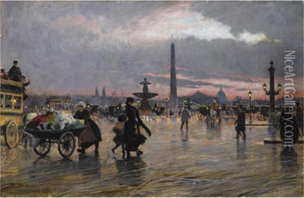 Concorde Pladsen, Paris (place De La Concorde, Paris) Oil Painting - Paul-Gustave Fischer