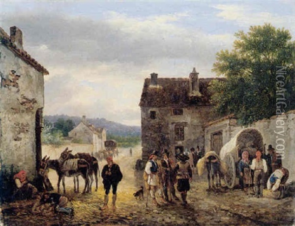 Scene With Figures And Donkeys Before A House Oil Painting - Giuseppe Canella I
