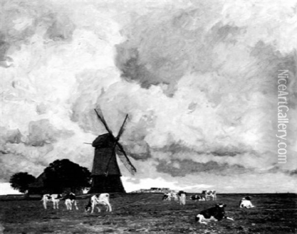 Hollandische Landschaft Mit Einer Windmuhle Oil Painting - Friedrich Kallmorgen