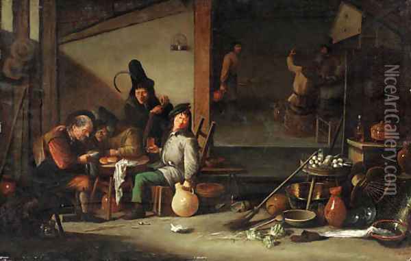 The interior of a tavern with peasants drinking around a table and by a fire Oil Painting - Cornelis Saftleven