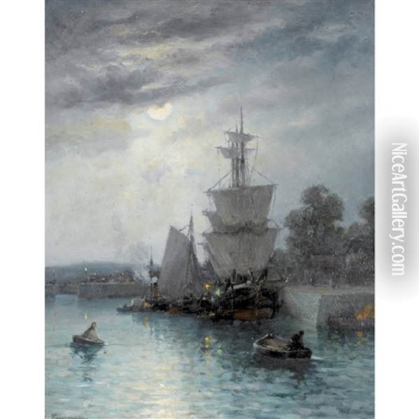 Hafenszene Mit Dreimaster Im Mondschein Oil Painting - Louis Etienne Timmermans