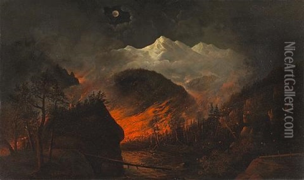 Forest Fire At Night Oil Painting - Howard Streight