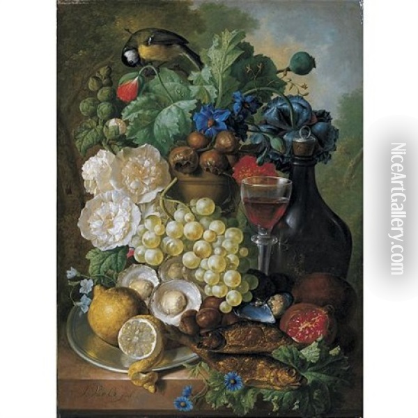 Still Life With Fruit And Flowers, Together With Oysters, Mussels, A Glass Of Wine And A Decanter Oil Painting - Jan van Os