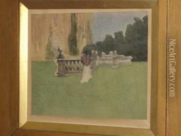 Lady On A Garden Terrace Oil Painting - Edgar Thomas Wood