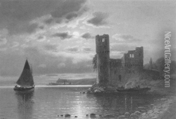 Segelschiff Auf Stiller Seem Bei Einer Ruine Im Mondschein Oil Painting - Joseph Nikolaus Buettler