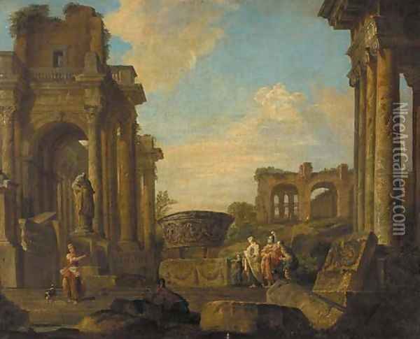A capriccio of classical ruins with figures conversing Oil Painting - Giovanni Paolo Panini