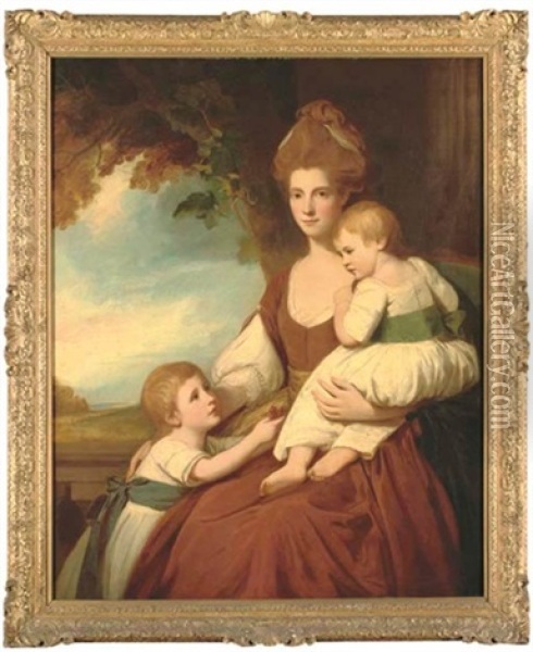 Group Portrait Of Mrs Charles Hawkins And Her Children, Caesar And Louisa Anne, She In A Burgundy Dress With Yellow Sash, Her Children In White Dresses With Coloured Sashes, On A Balcony Oil Painting - George Romney