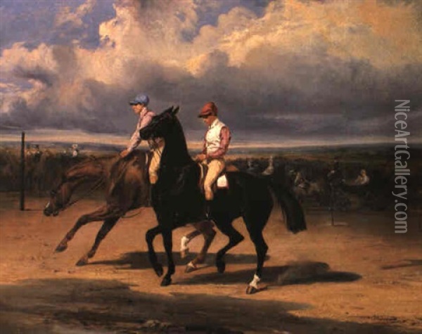 Two Jockeys Before The Start Oil Painting - Alfred De Dreux