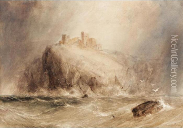 A Stormy Seascape With A Castle Beyond Oil Painting - Anthony Vandyke Copley Fielding