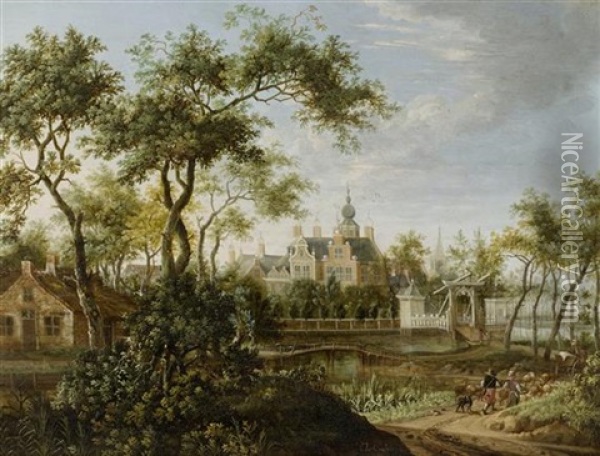 Landschaft Mit Figuren Vor Einer Schlossanlage Oil Painting - Jacob Van Der Croos